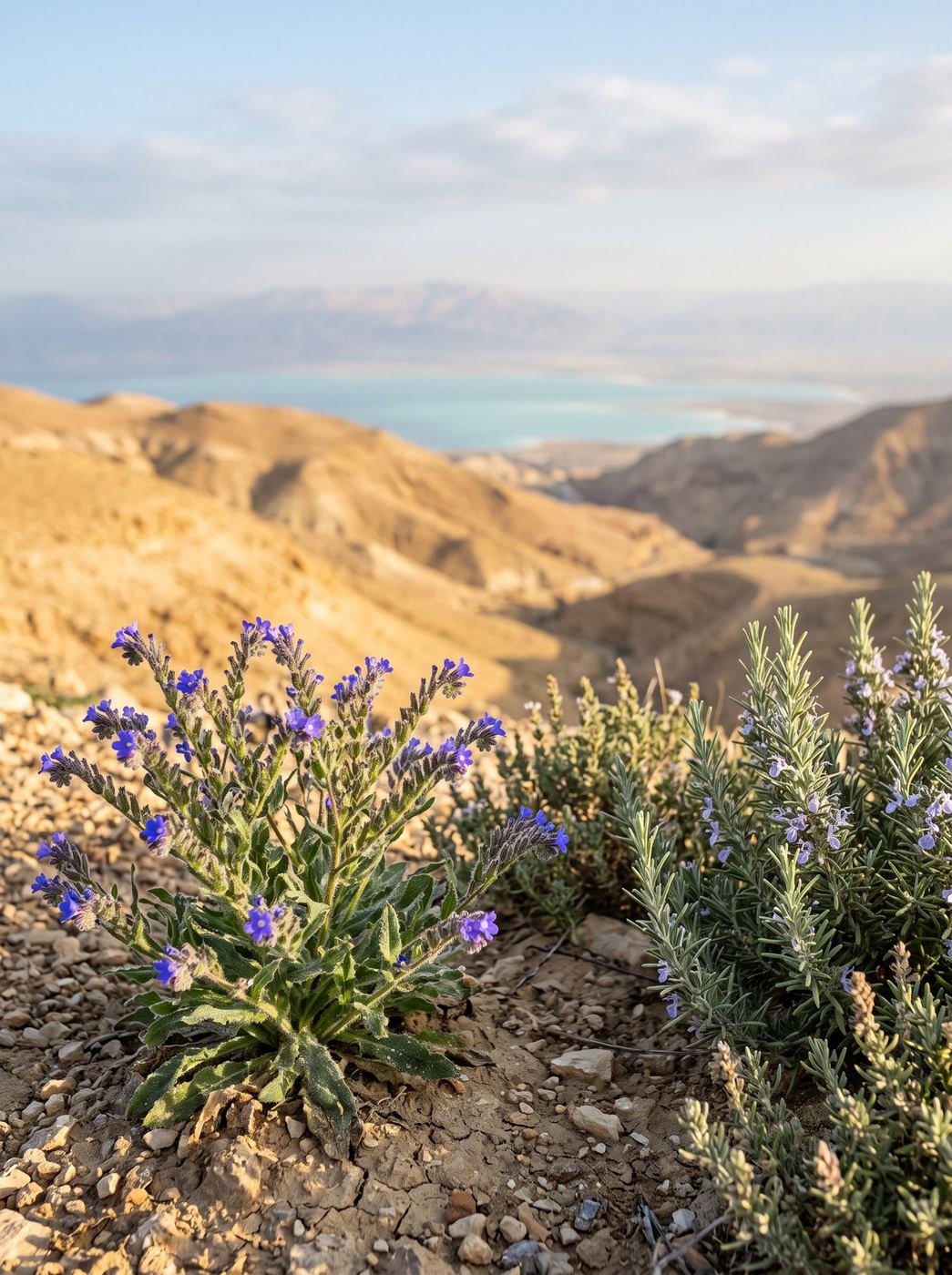 Anchusa and rosemary growing on a Judean Desert hillside above the Dead Sea